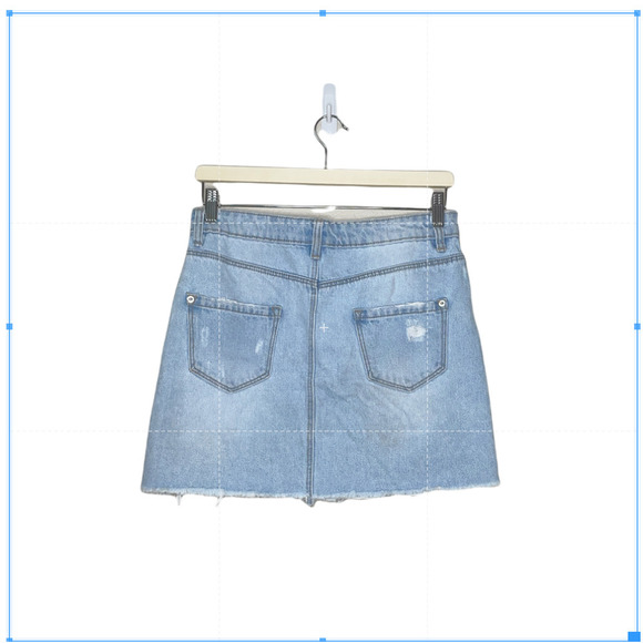 Pimki Skirt Blue Denim Mini Destroyed Raw Hem Button Zip Casual Size Small - Picture 8 of 10